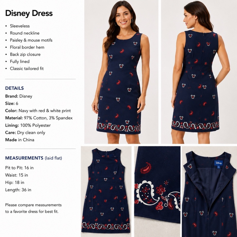 Disney Store Womens Mickey Mouse Paisley Denim Sheath Dress Navy Blue Size Small